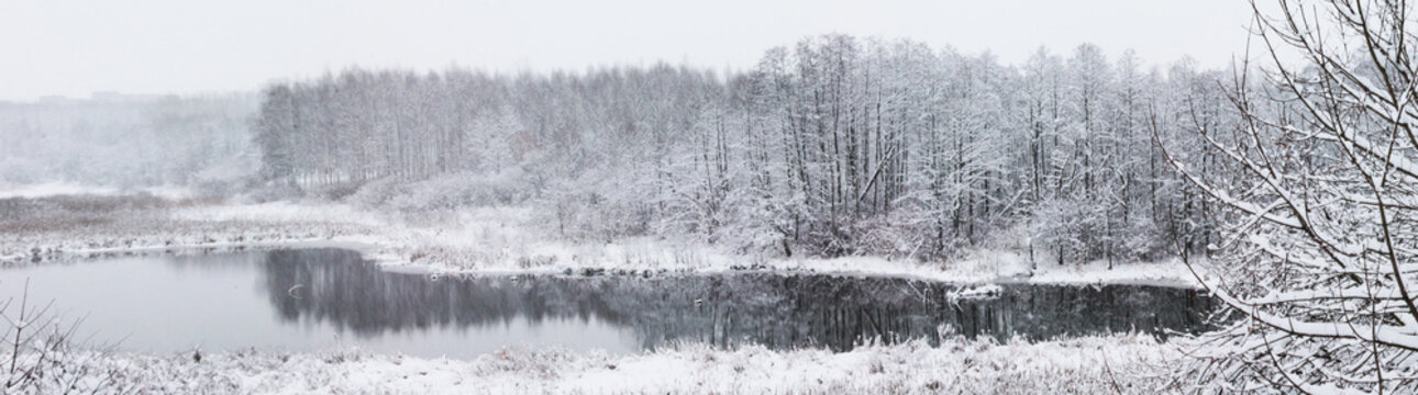 Christmas And New Year. Winter Landscape. A Colorful Crossword Puzzle Made Of Snowy Branches Is Reflected In The Water Surface Of The Lake