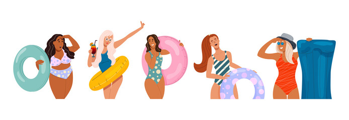 Happy diversity women in swimsuit with inflatable ring float, circle, matress set. Joyful smiling girls ready to beach summer party. Color flat cartoon vector illustration isolated on white background