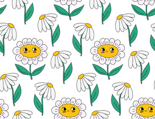 Cute kawaii y2k daisy seamless pattern background with daisy chamomile flowers, smiling face. Bright floral childish vector background with colorful elements. Sweet plant character, retro 90s print