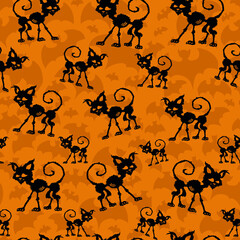 Seamless halloween pattern with crazy cat can be used as holiday background, wrapping paper, fabric or textile motive, etc.
