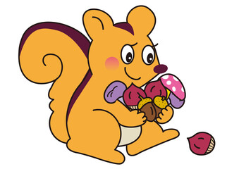 秋の収穫を抱えるリス
