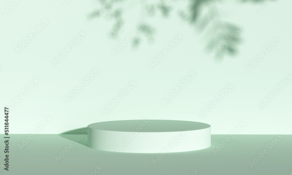 Poster sun light on platform podium with tree shadow on green background for product display. empty podium 