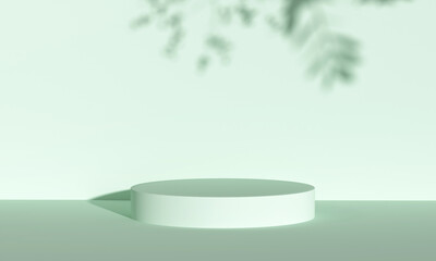 Sun light on platform podium with tree shadow on green background for product display. Empty podium platform.