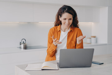 Teacher has lesson online on laptop. Remote class and distance education at home on quarantine.