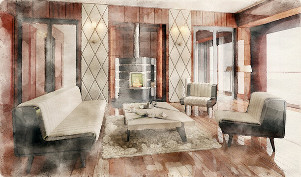 Watercolor Painting of an Apartment with Fireplace