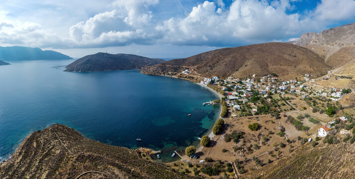 Aerial view of Emborios village on sunny day. Kalymnos island, Aegean Sea, Greece.