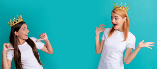 Mother and daughter child banner, copy space, isolated background. What a surprise. Surprised woman...