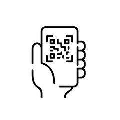 Hand holding a smartphone scanning qr code. Pixel perfect, editable stroke line icon