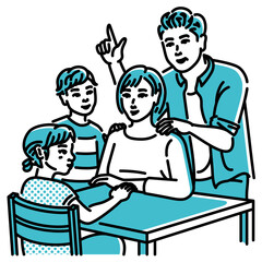 家族4人でテーブルを囲み、楽しく団らんする風景