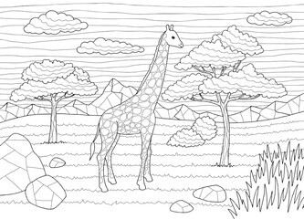 Savannah coloring graphic black white landscape sketch illustration vector 