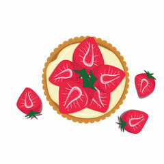 Flat vector illustration image of strawberry shortbread tartlet for coffee shop or pastry shop menu decor, for postcard or banner design
