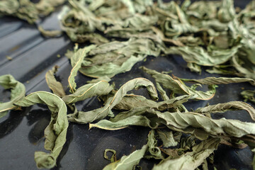 Dried mint, aromatic herb dried, aromatic dried mint, dried whole in a tray,
