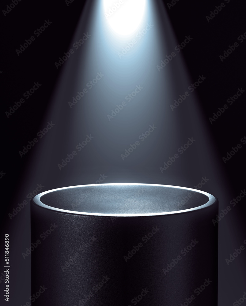 Poster empty dark pedestal illuminated by spotlight from top. 3d computer graphic template of displaying pl