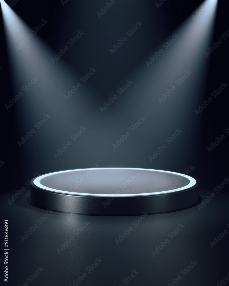Poster low round podium lit by pair of spotlights from top corners. 3d computer graphic template of display
