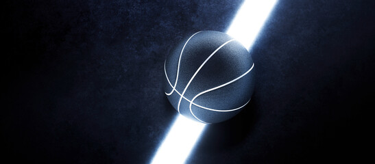 3D model of typical basketball ball laying on bright glowing white line. Abstract theme of sport equipment.