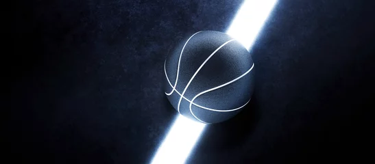 Fotobehang 3D model of typical basketball ball laying on bright glowing white line. Abstract theme of sport equipment. © Martin Piechotta