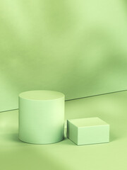 Group of three various cylindrical pedestals, green toned scene. 3d computer graphic template of displaying place for your products. Blank template.
