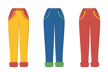 A set of pants in different colors in a flat style. Vector image.