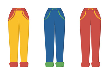 A set of pants in different colors in a flat style. Vector image.