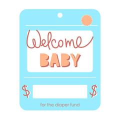 Welcome baby-baby gift card. Baby shower greeting invitation cards. Money card blue colors template. Vector illustration. .