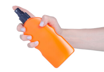 Bottle sunscreen spray in hand on white background isolation