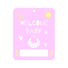 Welcome baby gift card. Baby shower greeting invitation cards. Money card pink pastel colors template. Vector illustration.