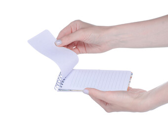 White notebook diary in hand on white background isolation