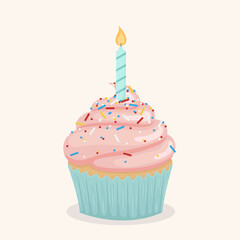 Cupcake with candle. Vector.