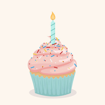 Cupcake with candle. Vector.