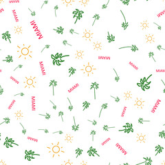 Fototapeta na wymiar Seamless vector pattern with palm trees, Miami lettering and sun. Bright multicolored summer texture for print on fabric