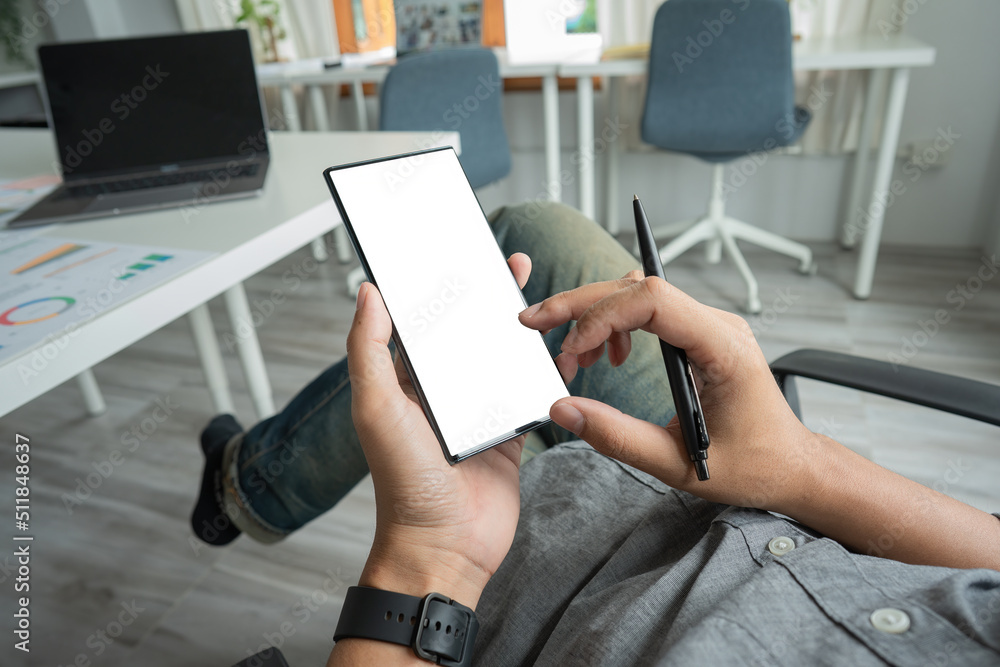 Poster man using smartphone. blank screen mobile phone for graphic display montage.networking service.