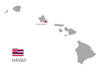 Gray map of Hawaii island USA federal state. Silhouette of Hawaii editable map with borders and flag of American federal state realistic vector illustration