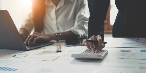 Business people meeting at office writing memos on sticky notes. planning strategy and brainstorming, colleagues thinking concept. internet of things communication connect network.