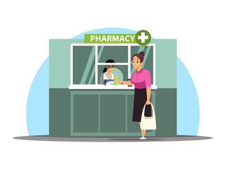 Customer standing at storefront window of pharmacy kiosk with signboard to buy medicines