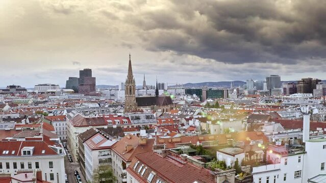Aerial top view from drone red rooftops main catholic gothic church cathedral in capital Austria Vienna sightseeing historical Stephansplatz square public touristic construction in urban european town