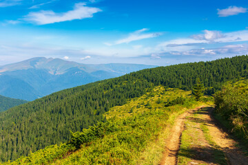 mountain landscape with hiking trail. green forested hills on a summer morning. scenery with a footpath along the slope. ridge in the distance beneath a blue sky with some clouds. wide angle view