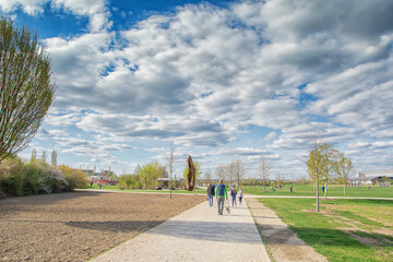 beautiful view in the park, blue sky with clouds, summer sunny day in nature, Ingolstadt