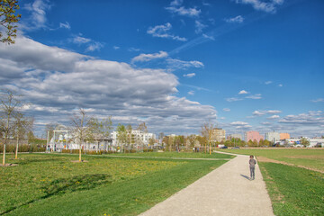 beautiful view in the park, blue sky with clouds, summer sunny day in nature, Ingolstadt