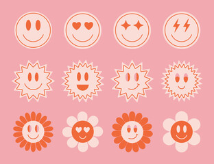 Set of simple cute hipster smile stickers. Trendy retro abstract patches. Vector illustration.