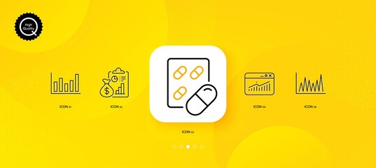 Fototapeta na wymiar Capsule pill, Website statistics and Line graph minimal line icons. Yellow abstract background. Column chart, Report icons. For web, application, printing. Vector