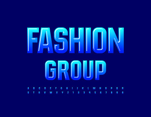 Vector glossy Emblem Fashion Group. Elegant bright Font. Modern blue Alphabet Letters and Numbers set