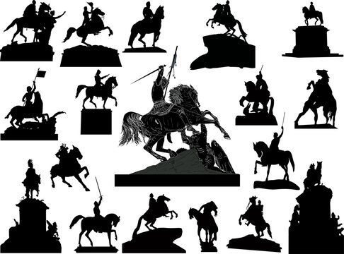 set of eighteen horseman statues on white