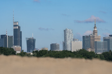 View from the side of the Vistula River on skyscrapers in the center of Warsaw