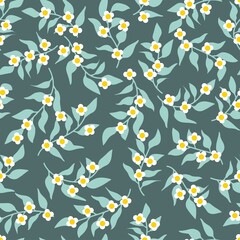 Seamless pattern of a little flowers and branch with leaves. Abstract small flower patter. Vector illustration