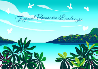 Romantic seascape with tropic leafs in the foreground, islands and trees in the background. Handmade drawing vector illustration. Can be used for posters, banners, postcards, books and etc.