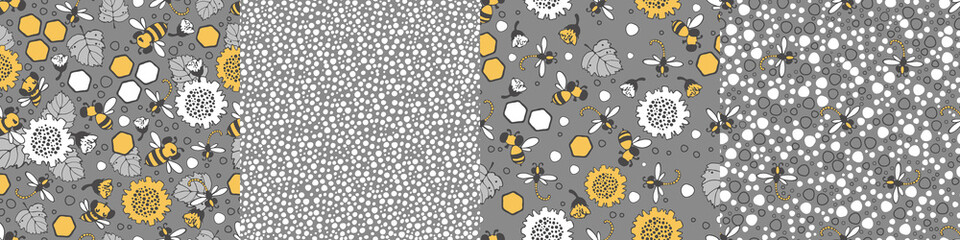 Modern floral pattern set with large sunflower flowers, bees and dragonflies, small buds on a branch, varied foliage. Bitmap, small spots. Modern design for paper, cover, fabric, decor, print