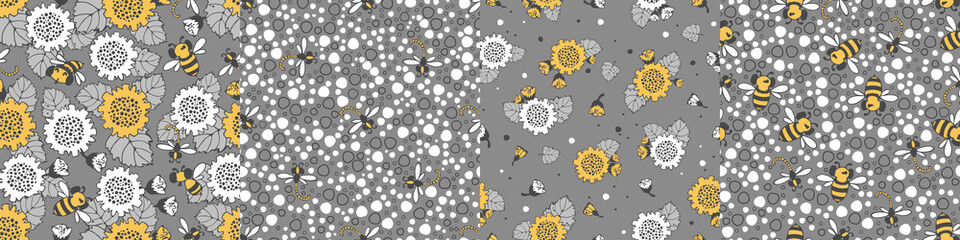 Modern floral pattern set with large sunflower flowers, bees and dragonflies, small buds on a branch, varied foliage. Bitmap, small spots. Modern design for paper, cover, fabric, decor, print