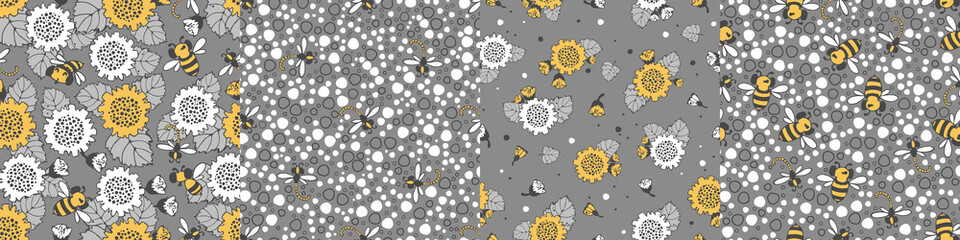 Modern floral pattern set with large sunflower flowers, bees and dragonflies, small buds on a branch, varied foliage. Bitmap, small spots. Modern design for paper, cover, fabric, decor, print