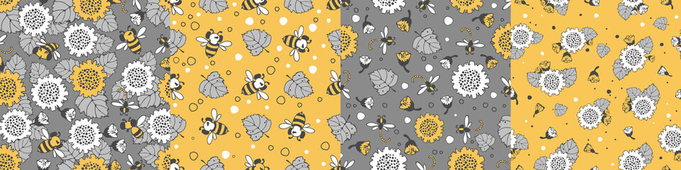 Modern floral pattern with large sunflower flowers, bees and dragonflies, small buds on a branch, varied foliage. Bitmap, small spots. Modern design for paper, cover, fabric, decor, print.