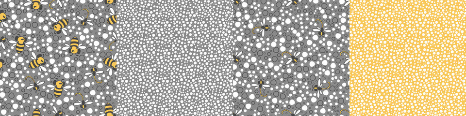 Modern floral pattern with large sunflower flowers, bees and dragonflies, small buds on a branch, varied foliage. Bitmap, small spots. Modern design for paper, cover, fabric, decor, print.